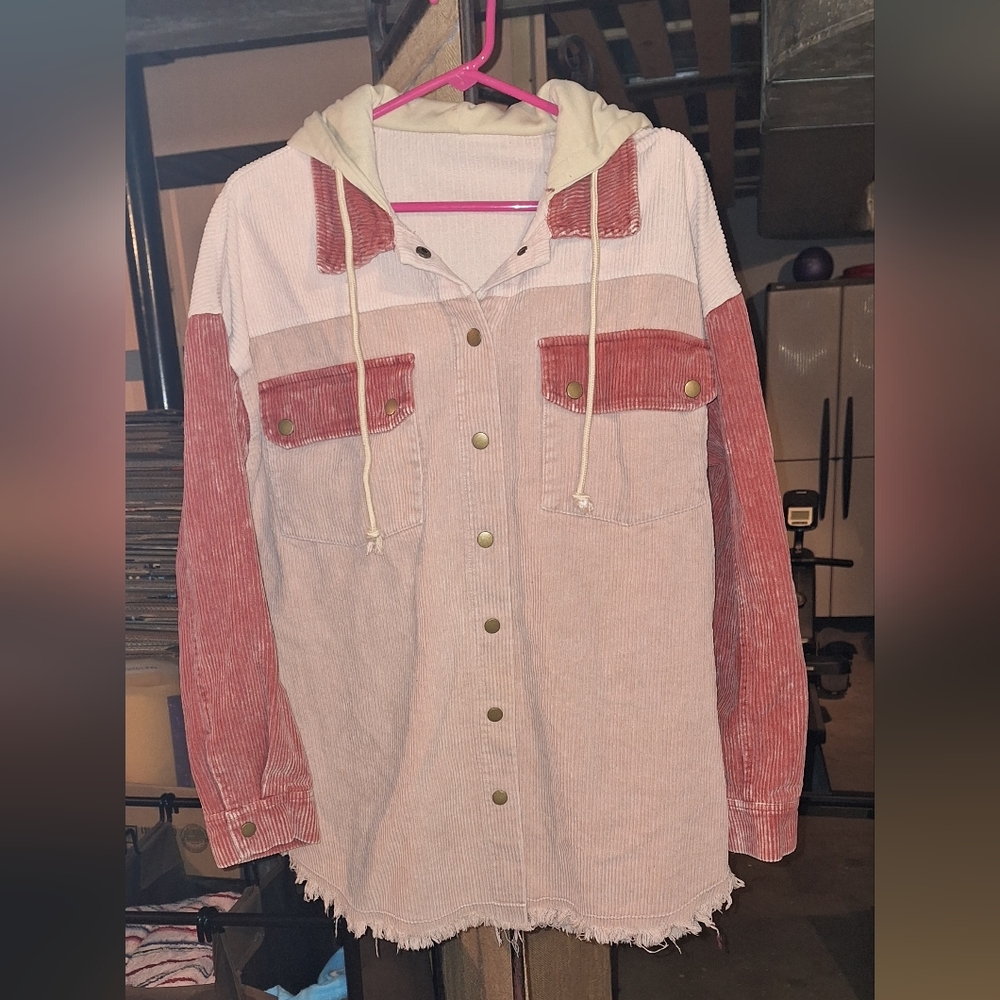 Color Block Button Oversized Corduroy Hoodie Long Sleeve Jacket Shacket